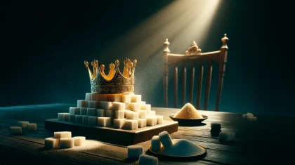 DALL·E 2024 05 28 13.31.11 A realistic and dramatic illustration for a newspaper article about the King of Sugar. The scene is set in a dark room with a table. On the table is