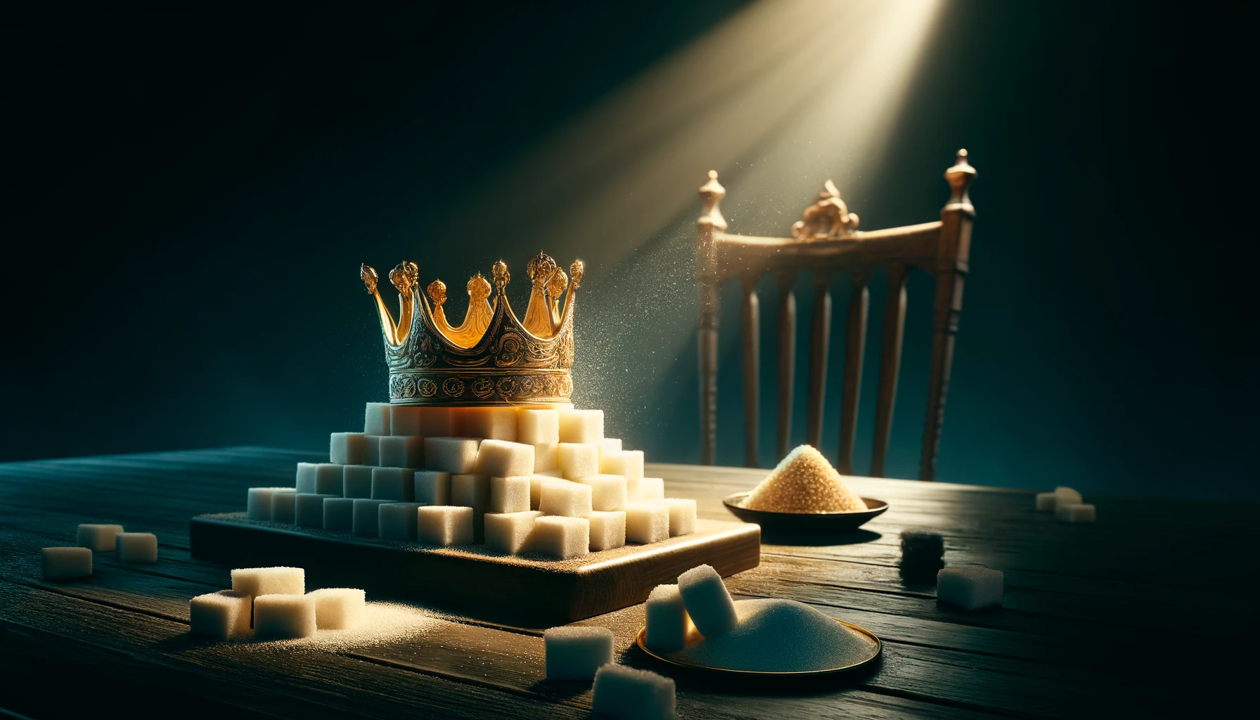 DALL·E 2024 05 28 13.31.11 A realistic and dramatic illustration for a newspaper article about the King of Sugar. The scene is set in a dark room with a table. On the table is