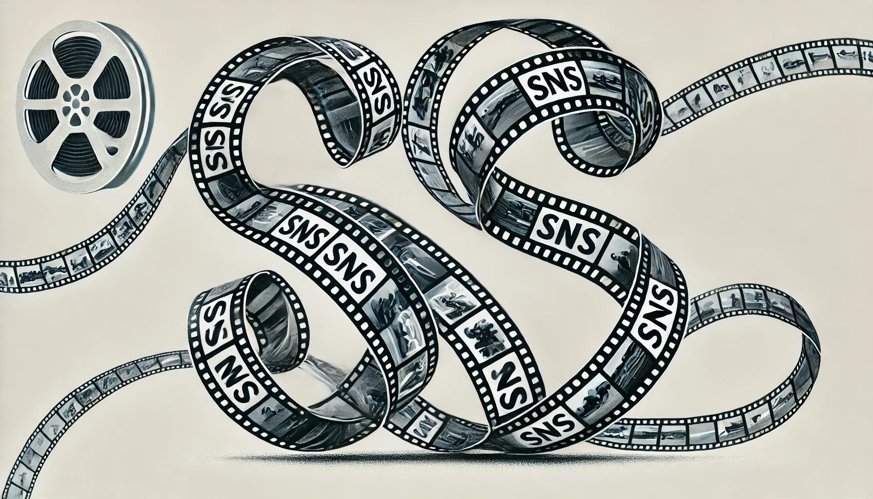 DALL·E 2024 07 22 14.00.37 An illustration for a newspaper a filmstrip that unwinds and twists to form the letters SNS. The filmstrip should appear dynamic with parts of it