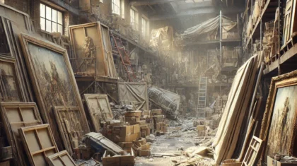 DALL·E 2024 12 02 12.27.26 An illustration of a neglected storage area filled with art canvases sculptures and installations. The scene shows the artworks piled up carelessly