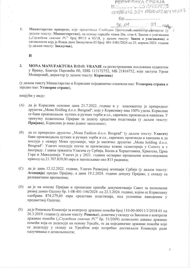 Bratu Tomislava Momirovića država već uplatila pola miliona evra 3 Mona Ugovor merged A1 1 copy