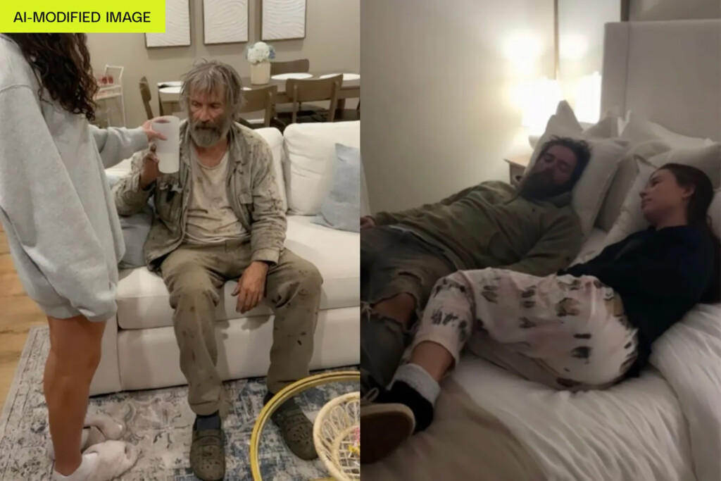Lažni beskućnik, stvarna panika 2 AI homeless man prank w label copy