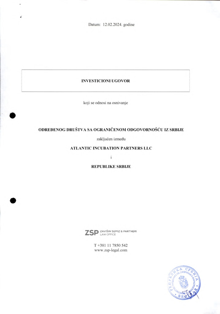 Za zakup na 99 godina Kušner neće platiti ni evro 4 INVESTICIONI UGOVOR Predlog SRB 12.02.2024. 1 copy