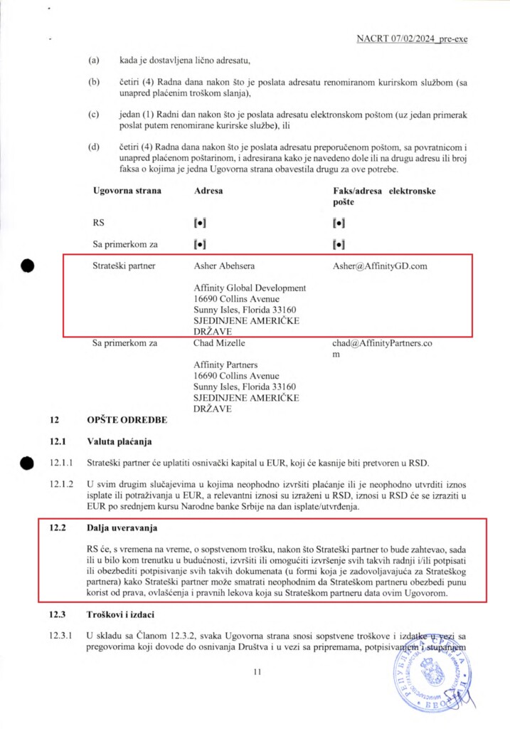 Za zakup na 99 godina Kušner neće platiti ni evro 14 INVESTICIONI UGOVOR Predlog SRB 12.02.2024. 11 copy 1