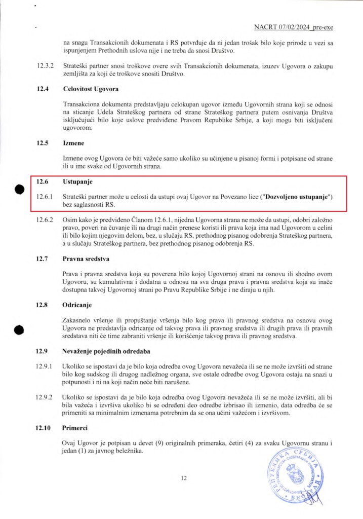 Za zakup na 99 godina Kušner neće platiti ni evro 15 INVESTICIONI UGOVOR Predlog SRB 12.02.2024. 12 copy 1