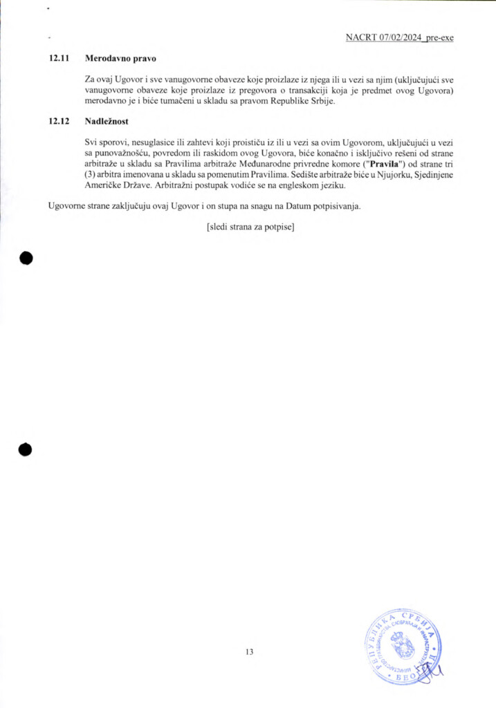 Za zakup na 99 godina Kušner neće platiti ni evro 16 INVESTICIONI UGOVOR Predlog SRB 12.02.2024. 13 copy
