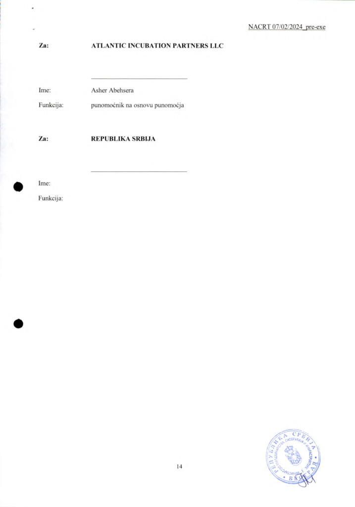 Za zakup na 99 godina Kušner neće platiti ni evro 17 INVESTICIONI UGOVOR Predlog SRB 12.02.2024. 14 copy