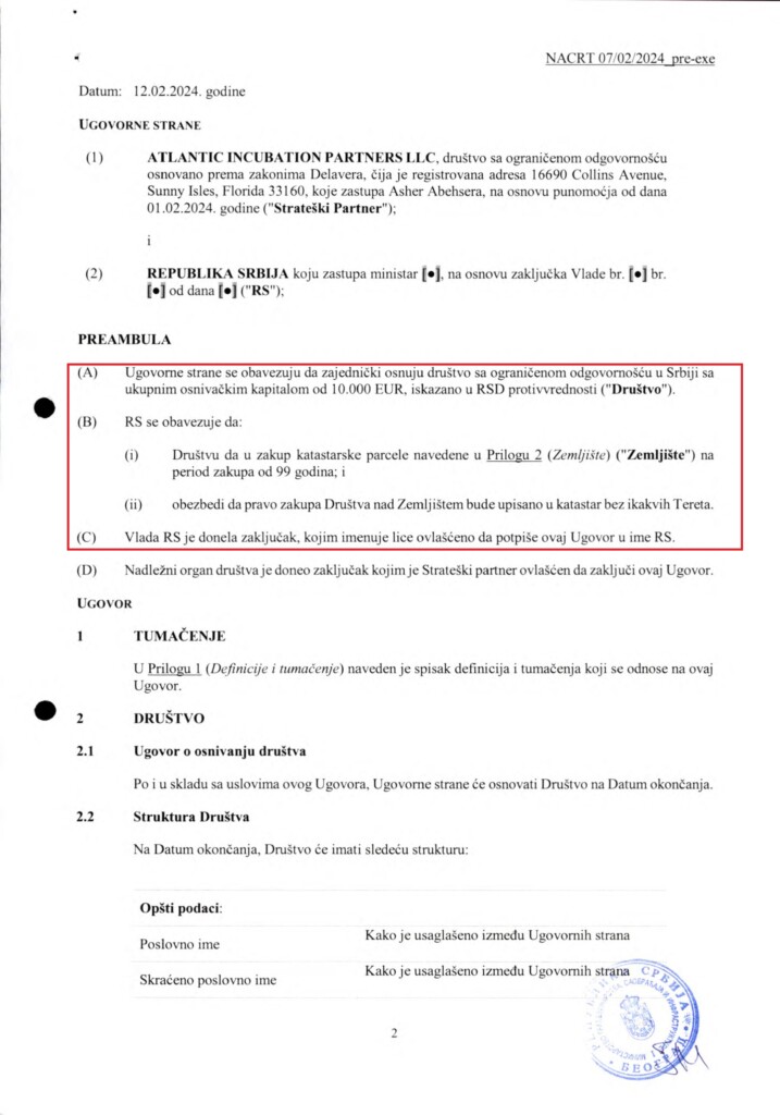 Za zakup na 99 godina Kušner neće platiti ni evro 5 INVESTICIONI UGOVOR Predlog SRB 12.02.2024. 2 copy 1