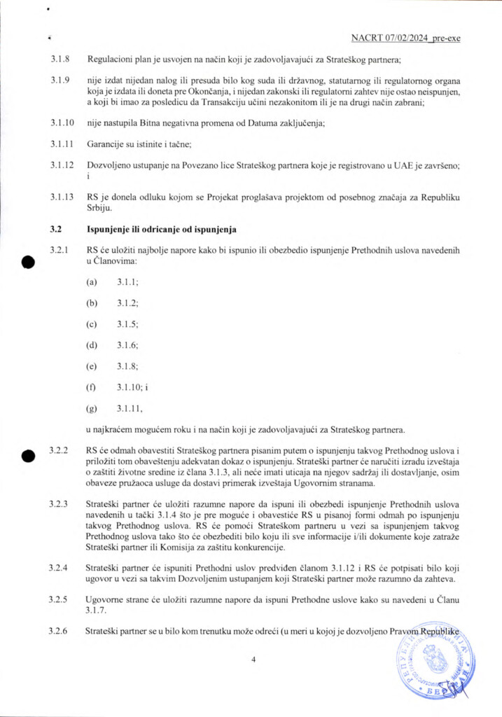 Za zakup na 99 godina Kušner neće platiti ni evro 7 INVESTICIONI UGOVOR Predlog SRB 12.02.2024. 4 copy
