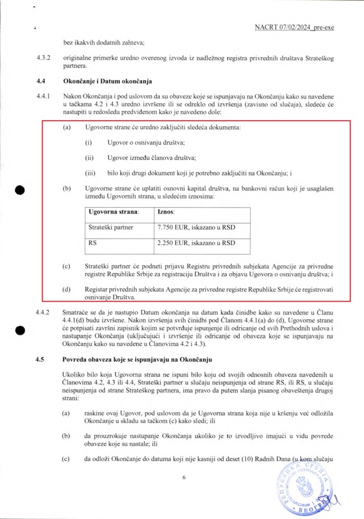 Za zakup na 99 godina Kušner neće platiti ni evro 9 INVESTICIONI UGOVOR Predlog SRB 12.02.2024. 6 copy 1