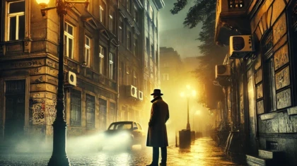 DALL·E 2025 12 16 14.21.09 A noir style street scene in Belgrade at night. Wet cobblestone streets reflect dim yellow streetlights. A mysterious detective in a trench coat and