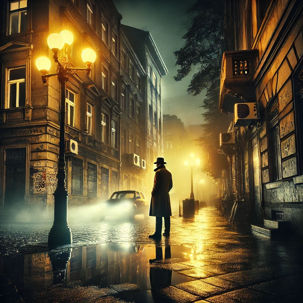 DALL·E 2025 12 16 14.21.09 A noir style street scene in Belgrade at night. Wet cobblestone streets reflect dim yellow streetlights. A mysterious detective in a trench coat and