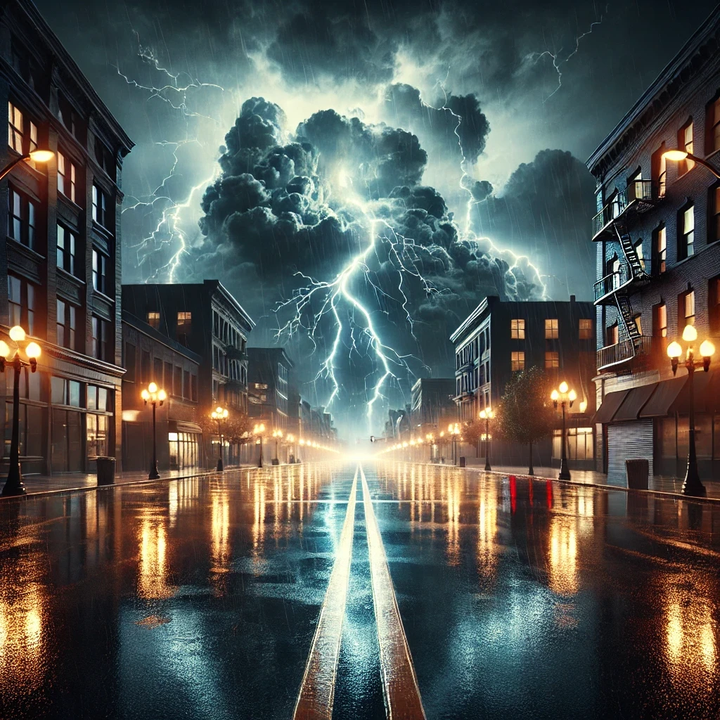 DALL·E 2025 12 23 13.39.44 A realistic image of a thunderstorm over deserted city streets at night. The sky is filled with dark storm clouds and bright flashes of lightning. Hea