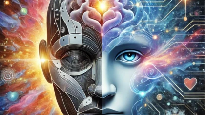 DALL·E 2026 01 04 16.09.48 A symbolic and artistic illustration for a newspaper article showing the intertwining of artificial intelligence and humans. In the image half of a h