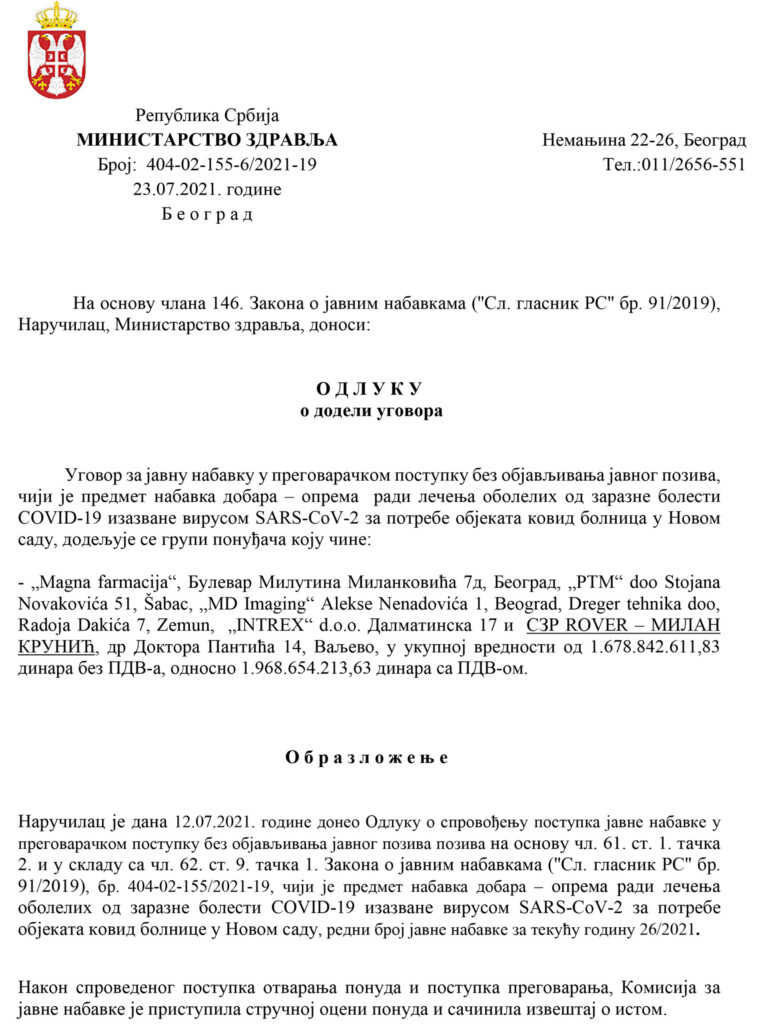 Stolarska radionica u milionskim poslovima sa Krušikom 9 Covid Odluka o dodeli ugovora copy