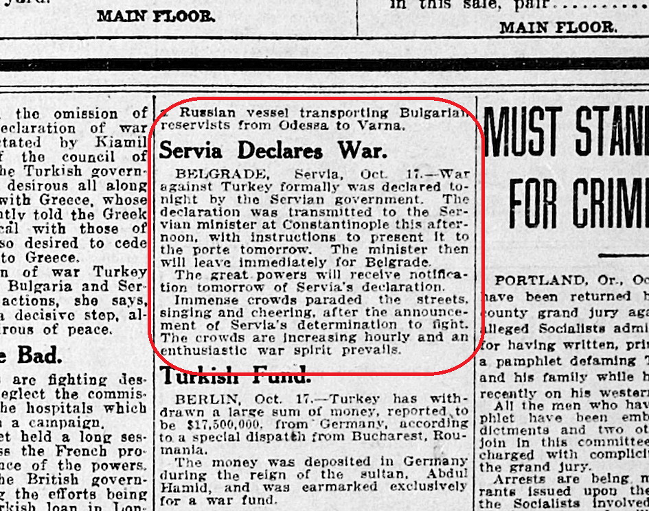 Balkanski ratovi u domaćoj i međunarodnoj štampi 2 3b SRBIJA OBJAVILA RAT The Salt Lake tribune. 18 Oct. 1912